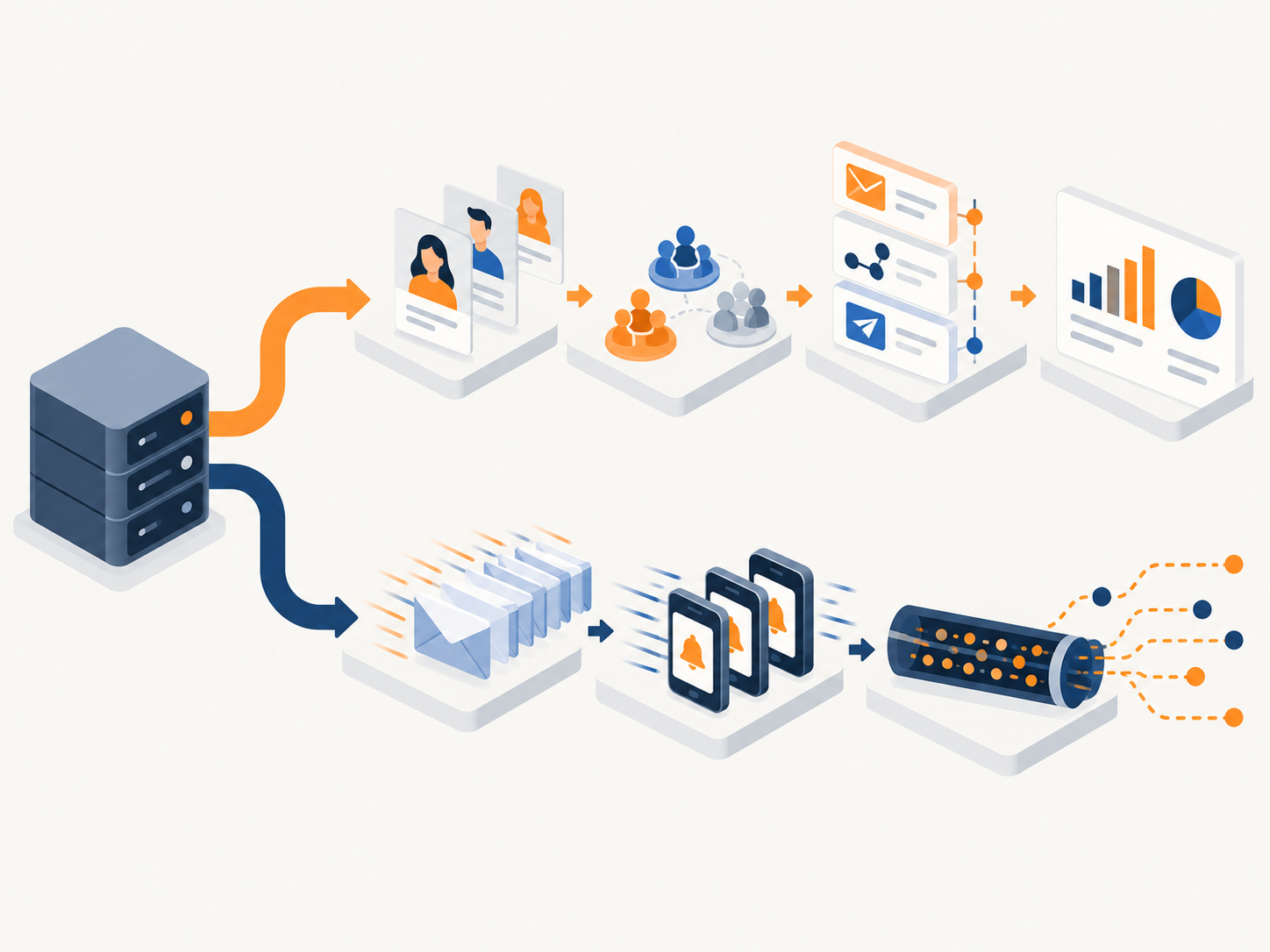 Ilustração de um serviço de mensagens dividido entre engajamento com perfis, segmentos e campanhas, e entrega transacional de e-mails, push e eventos.