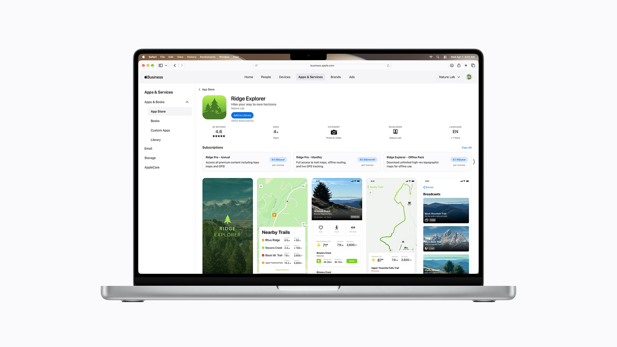 Tela ilustrativa da Apple com uma organização comprando várias licenças de uma assinatura de aplicativo pelo Apple Business Manager.