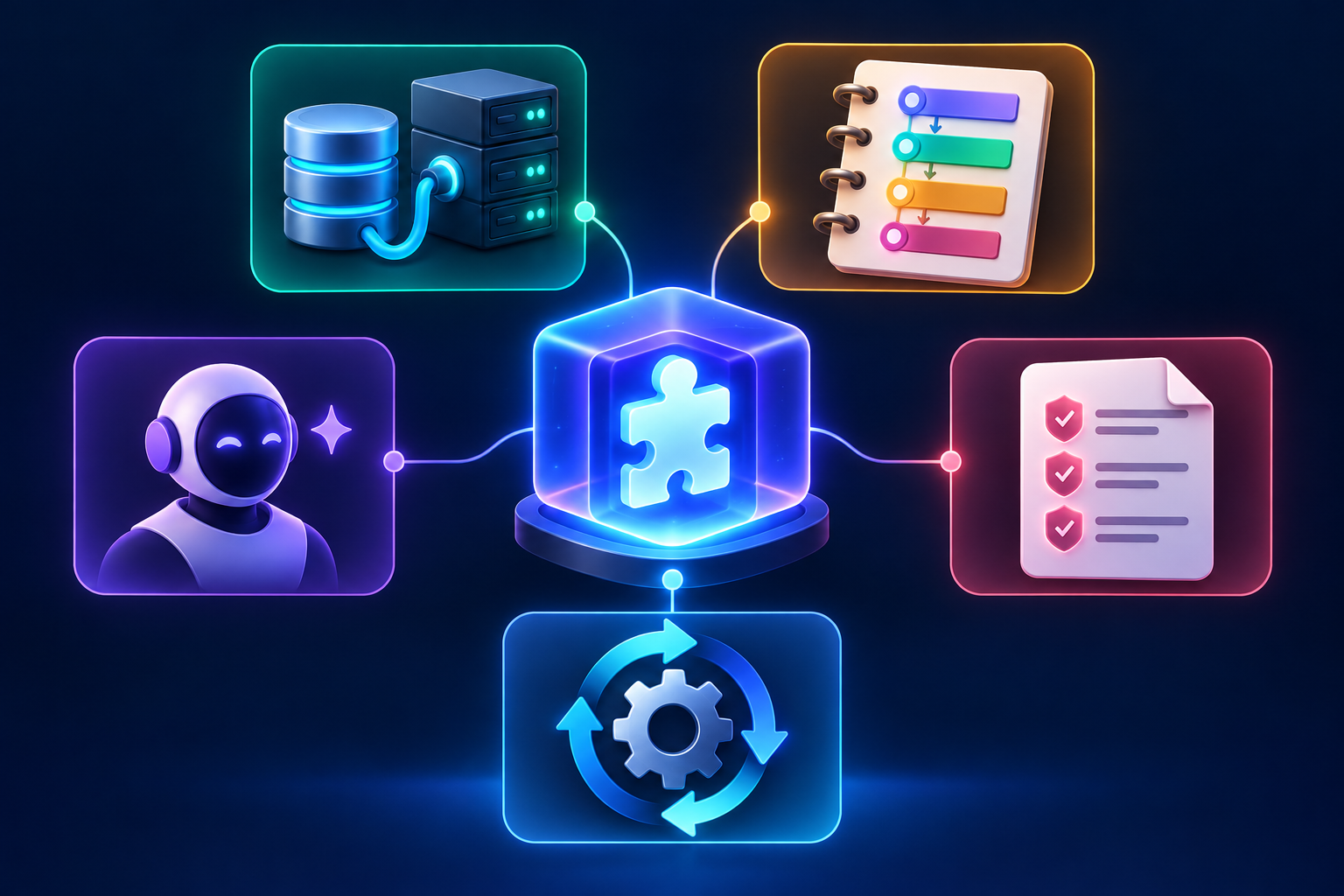 Diagrama editorial: um plugin central conecta cinco componentes — servidor MCP, habilidade, agente personalizado, regras e hooks.