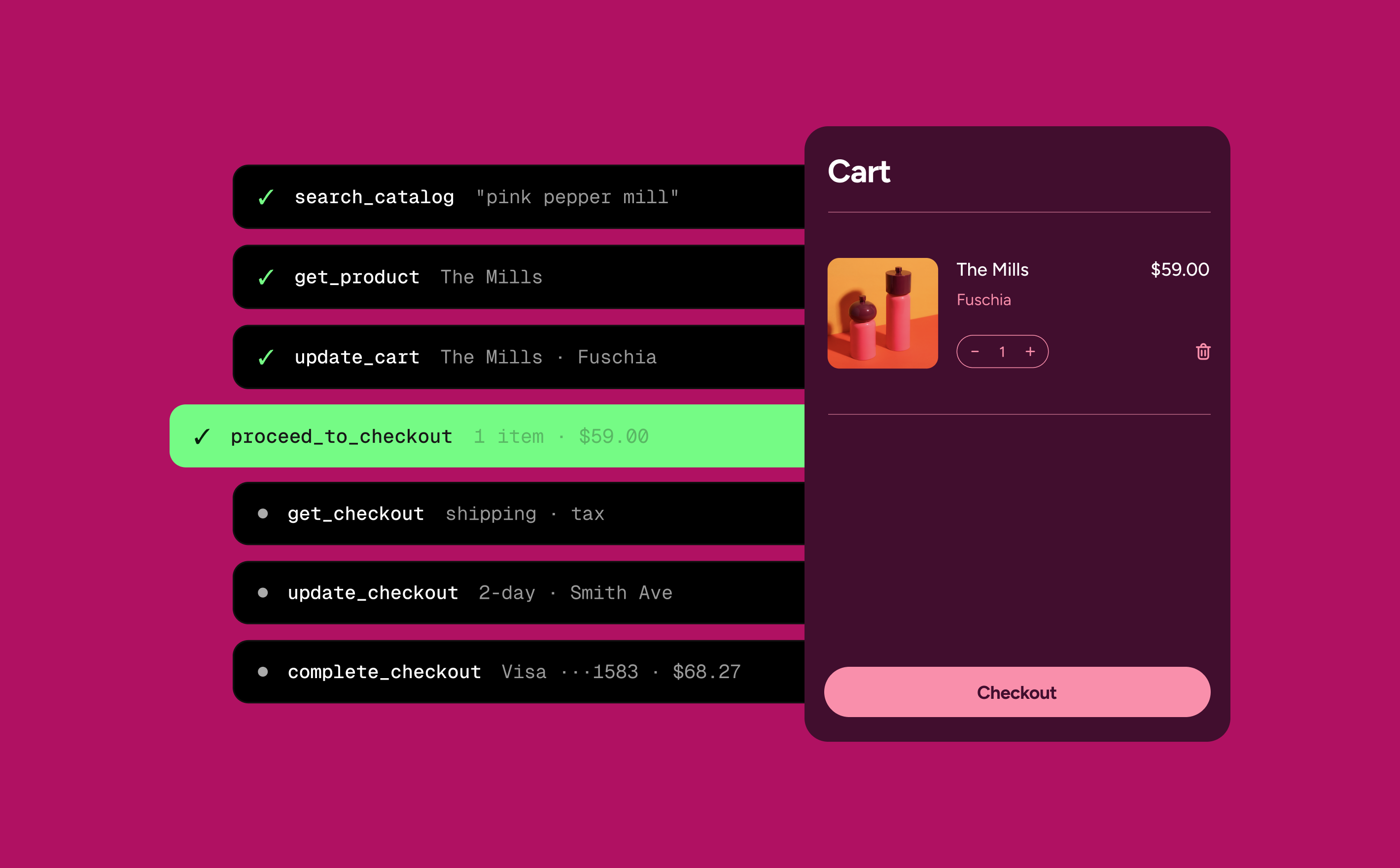 Ilustração oficial do Shopify mostra chamadas estruturadas de um agente de navegador, da busca no catálogo ao checkout, junto a um carrinho.